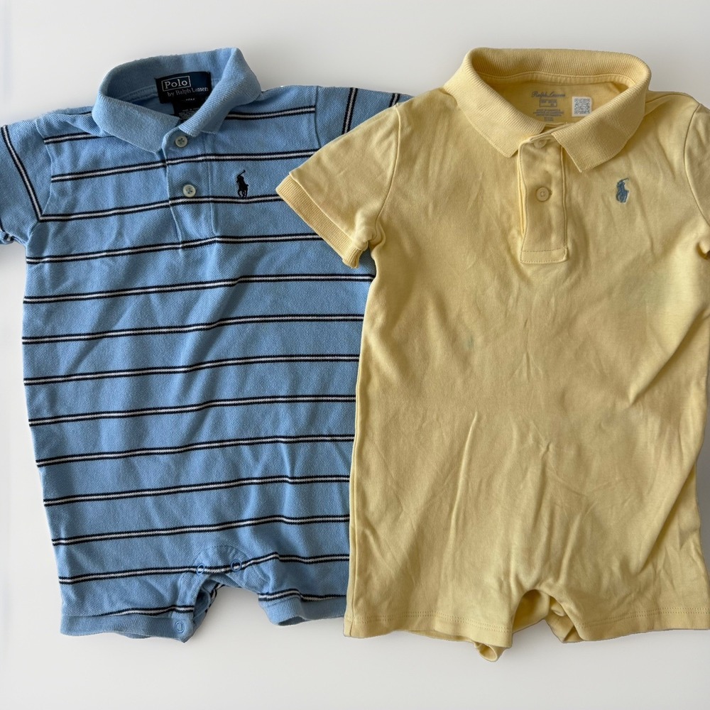Polo Ralph Lauren Lot Of 2 Romper Baby Boys 18M Blue Yellow Shortall One Piece